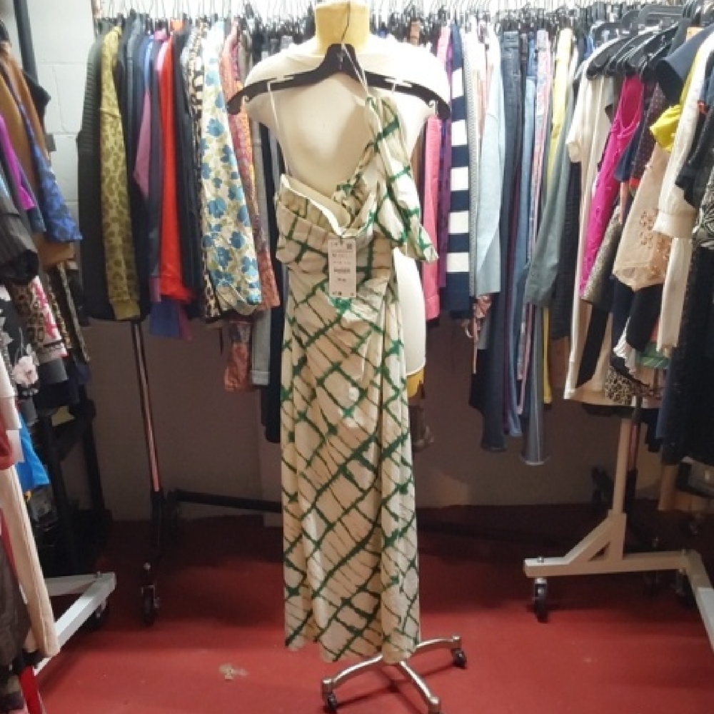 Zara Elegant Green and White Patterned Dress